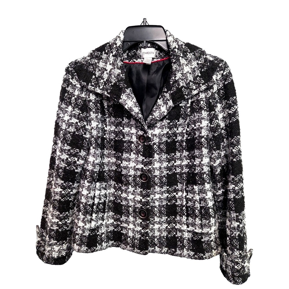 Chico's Short Tweed Jacket Sz 1 (8) Lined Black White Silver Plaid Button 90s